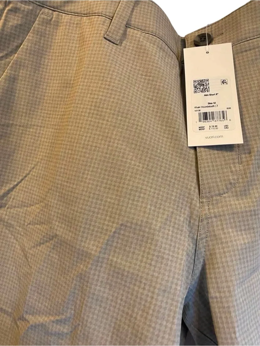 NWT Vuori Men’s Aim Short 8” KHAKI HOUNDSTOOTH Size: 32